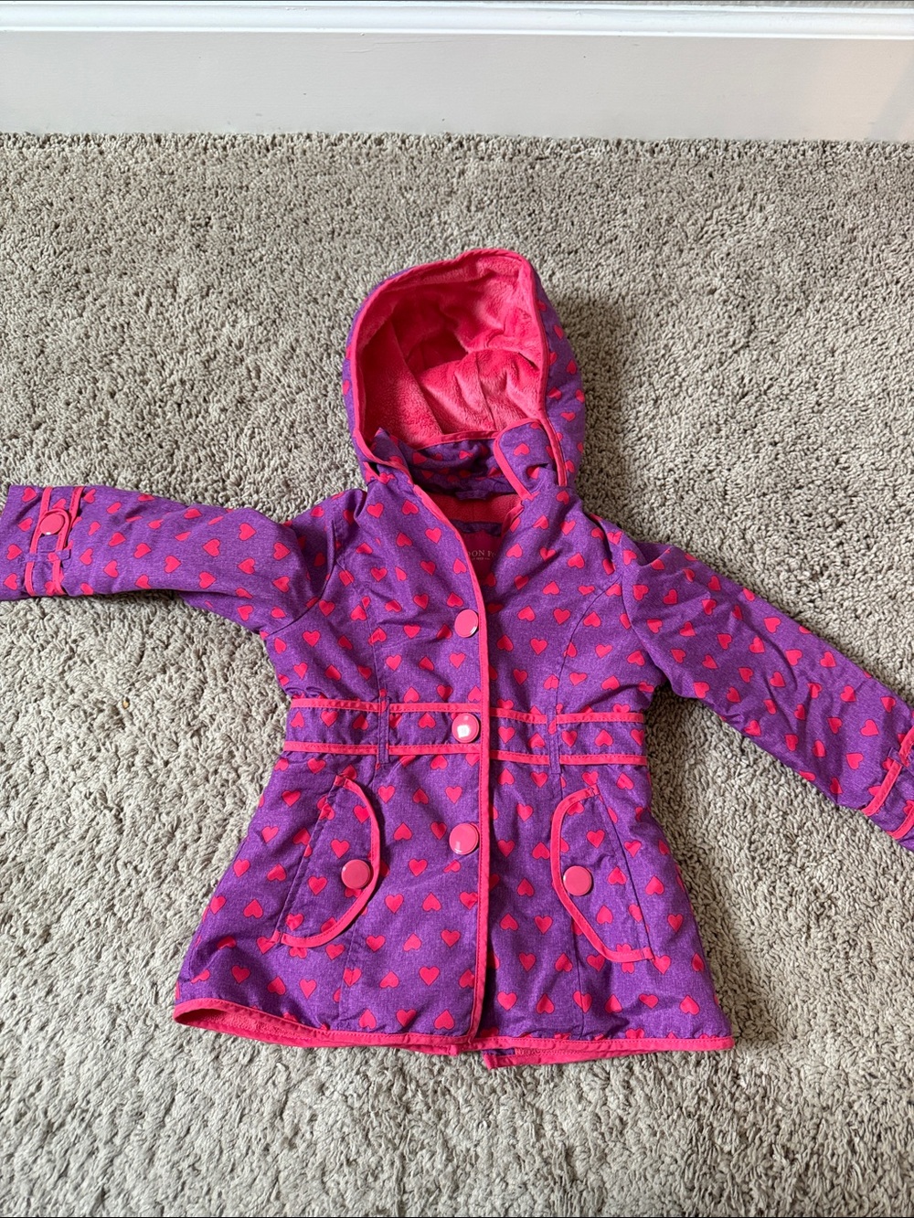 London Fog Purple Hooded Raincoat with Pink Hearts